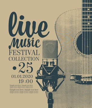 Vector poster for a live music festival or concert with a guitar, microphone and place for text in retro style.