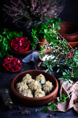 khinkali. traditional Georgian dish.. style rustic
