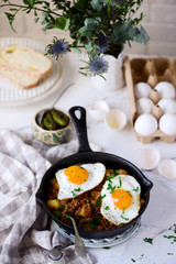 Hash with pulled pork.style vintage. selective focus