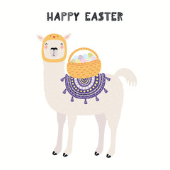 Hand drawn vector illustration with cute funny llama, basket with eggs, text Happy Easter. Isolated on white background. Scandinavian style flat design. Concept for children print, card, invite.