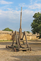 Trebuchet. Old wooden catapult