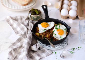 Hash with pulled pork.style vintage. selective focus