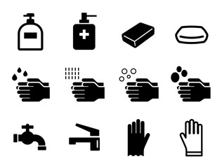 手洗い、ハンドソープ、石鹸、水道などの清潔アイコンセット