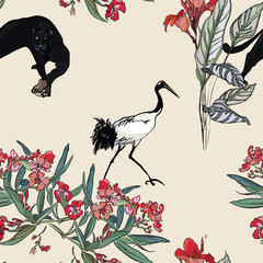 Pantera and Black Tail Exotic Crane Birds in Red Oleander Flower with Gibiskus on Pink Background © Irina