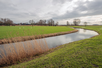 Narrow river in a flat landscape on a windless and cloudy day in the Dutch winter season.