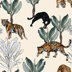 Tiger, Leopard, Pantera PredatorsWildlife  in Tropical Jungle Leaves Exotic Plants Banana Trees, Hand Drawn Fine Line Seamless Pattern © Irina