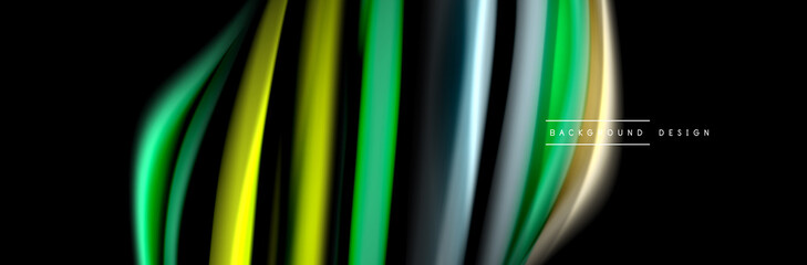 Silk and smooth flow wave poster design. Color waves, liquid style lines and shapes in black color background