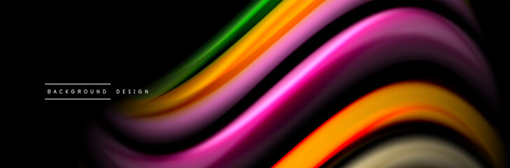 Silk and smooth flow wave poster design. Color waves, liquid style lines and shapes in black color background