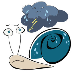 Suffering and despondent snail under a sad crying cloud with a lightening, Vector illustration, Grouped objects and separate layers, EPS10 suitable for emoticon, sticker.