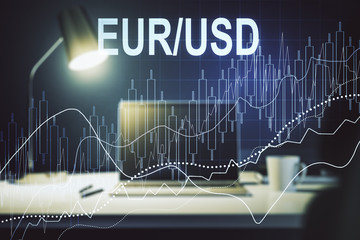 Creative EURO USD financial graph illustration on modern computer background, forex and currency concept. Multiexposure