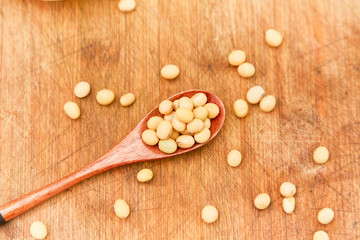 A pile of soybeans in a bamboo basket