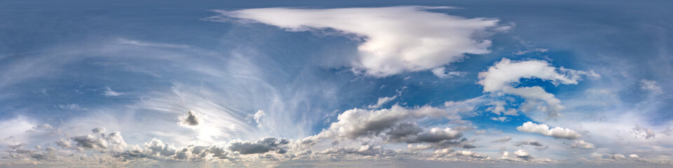 Seamless hdri panorama 360 degrees angle view blue sky with beautiful cumulus clouds with zenith for use in 3d graphics or game development as sky dome or edit drone shot