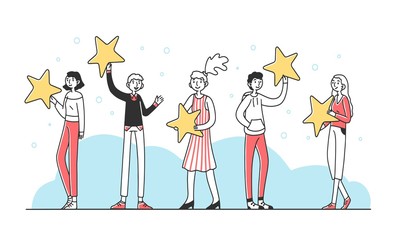 Customers holding review stars flat vector illustration. People giving award for good quality and service. Excellence rating and client feedback concept. Business satisfaction support for banner.