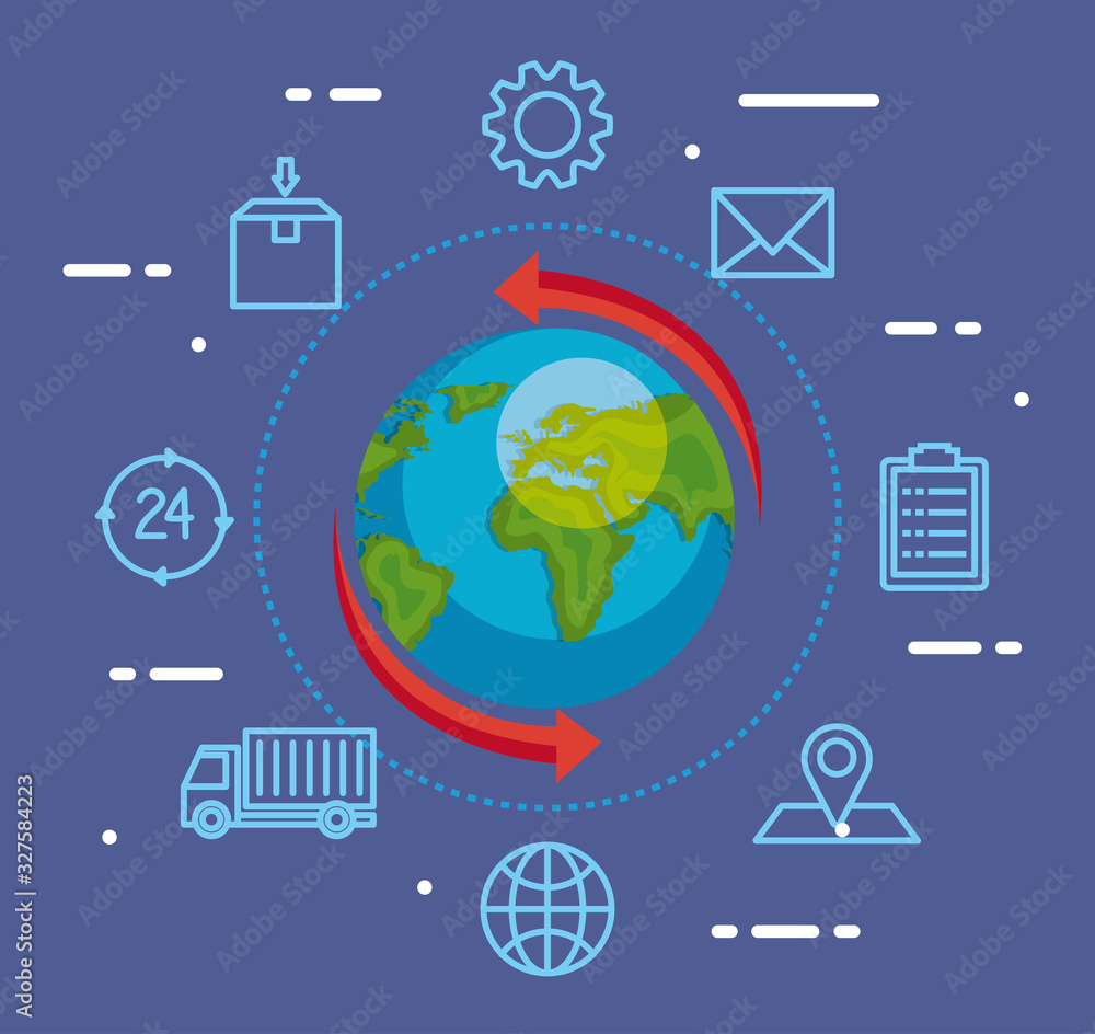 Poster delivery logistic service with world and icons vector illustration design