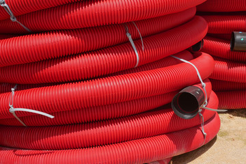 KUALA LUMPUR, MALAYSIA -FEBRUARY 6, 2019: HDPE corrugated pipe with double wall strength at the...