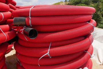 KUALA LUMPUR, MALAYSIA -FEBRUARY 6, 2019: HDPE corrugated pipe with double wall strength at the...