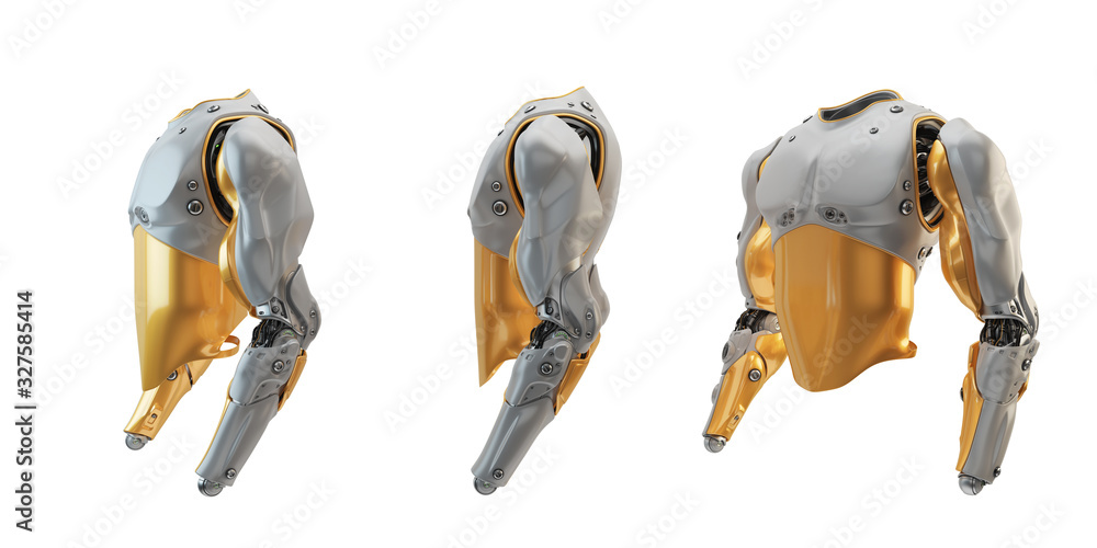 Poster robot body without hands, 3d rendering of cyborg torso artificial part for replacement with bright o