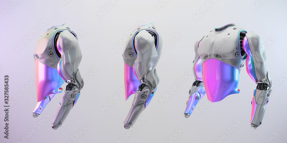 Poster robot body without hands, 3d rendering of cyborg torso artificial part for replacement with anodized