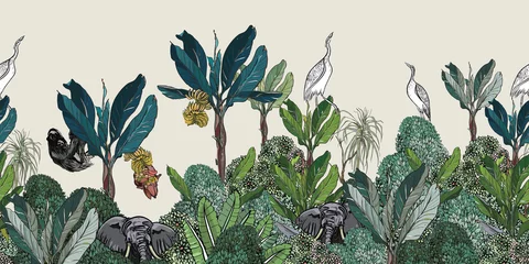 Crédence en verre imprimé Paysage botanique vintage Bordure transparente haut de gamme Panorama, palmiers bleu marine avec buissons et faune d& 39 oiseaux de grue