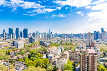 Tuinposter Shanghai, China - Apr 9, 2015: Blue & green Shanghai: Clean, blue sky with clouds and many trees between residential buildings. In the distance the Shanghai Skyline. A different view on the metropolis © Chris Redan