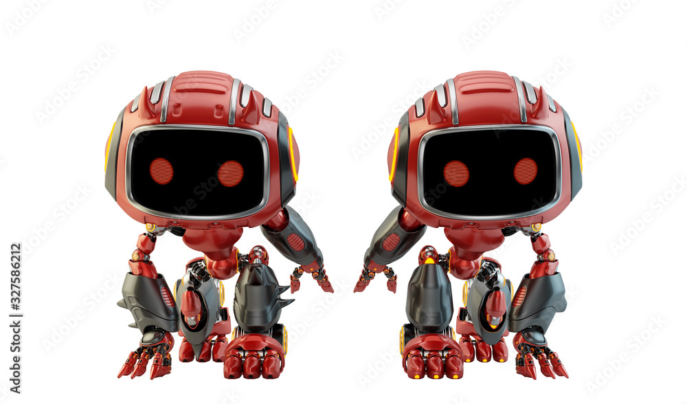 Poster two red little robotic devils in a squat hero pose, 3d rendering