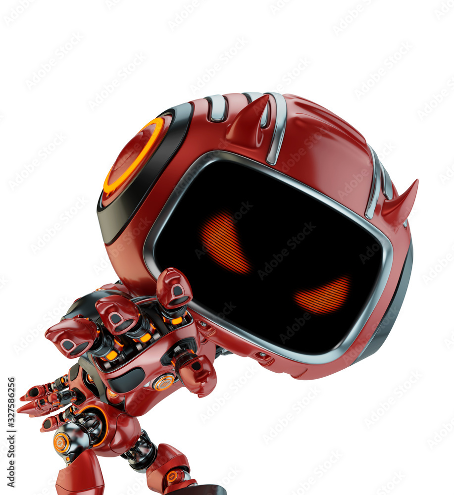 Poster smart red little robotic devil with horns in a hero pose, 3d rendering