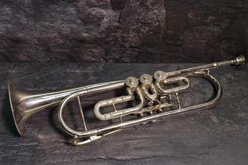 Fototapeta na wymiar Musical copper pipe on a dark background.