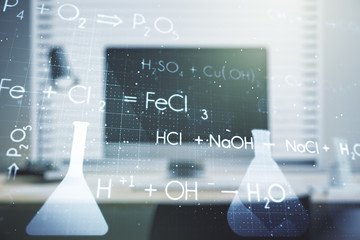 Double exposure of creative chemistry concept on laptop background, research and development concept