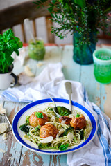 Baked chicken meatballs with broccoli pesto pasta.. style rustic