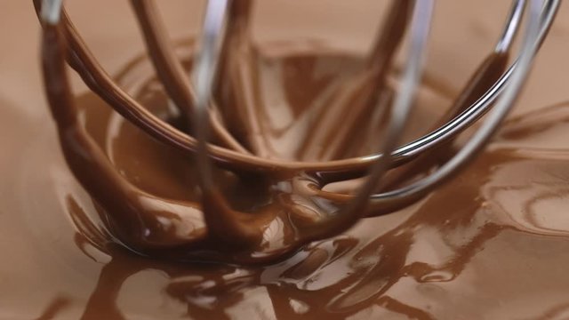 Mixing smooth delicious melted dark or milk chocolate with a whisk that spins. Closeup. Organic chocolate icing to prepare confectionery. Pastry bakery patisserie preparing pralines or chocolates.