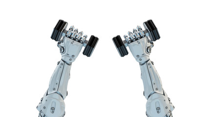 Futuristic cyber hands lifting fitness dumbbells. Strong muscular robotic arms with black dumbbells. 3d rendering on white background