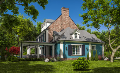 3d rendering of modern cozy classic house in colonial style with garage and pool for sale or rent with beautiful landscaping on background. Clear sunny summer day with blue sky.