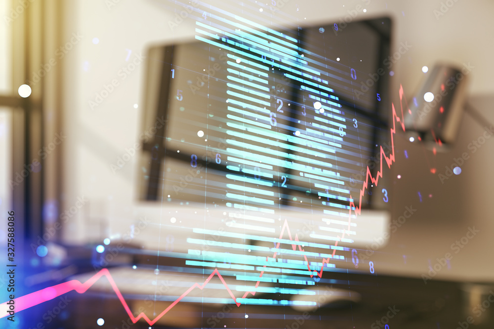 Poster double exposure of creative bitcoin symbol hologram with computer on background. mining and blockcha