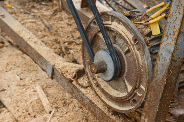 sawmill disks in a woodworking machine at a factory or a sawmill. mechanism. a lot of sawdust.