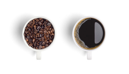 Close-up and top view of roasted coffee beans in white coffee cup and hot black coffee in white coffee cup on white background.