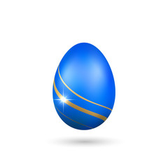 Easter egg 3D icon. Gold blue egg isolated white background. Golden design template, decoration Happy Easter celebration. Holiday element. Shiny pattern. Traditional symbol spring. Vector illustration