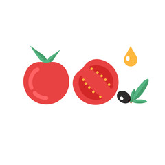 Tomato slice. Olive branch with leaves. Mediterranean food elements. Tomato icon. Concept of italian food, mediterranean cuisine, keto diet, olive oil. Vector illustration in flat design