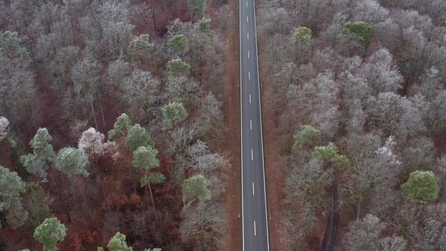 Aerial view of road through forest in winter, Steigerwald, Germany