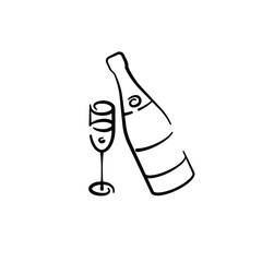 Vector illustration of a champagne bottle and a glass hand-drawn. vector icon black line isolated on white background for design