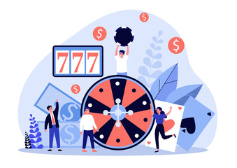 Obraz na płótnie Canvas Happy people playing poker. Gamblers with chips and cards gathering at roulette, winning money. Vector illustration for online casino, gamble, risk concept