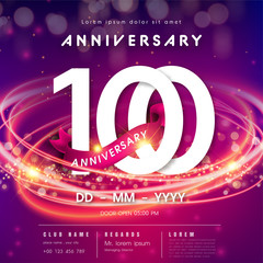 100 years anniversary logo template on purple Abstract futuristic space background. modern technology design celebrating numbers with Hi-tech network digital technology concept design elements.