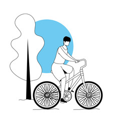 man riding bicycle in park landscape vector illustration design