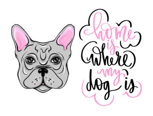 Life is better with a dog hand drawn lettering phrase. Inspirational quote about pets.