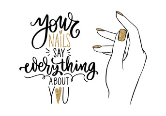 Vector Beautiful woman hands with nude nail polish. Handwritten lettering about nails. - 327592250