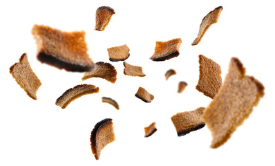 Rye croutons levitate on a white background