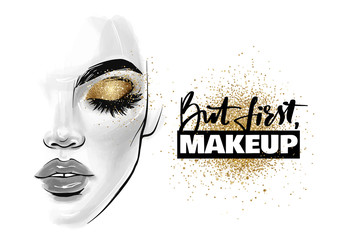 Vector beautiful woman face. Girl portrait with black lashes, brows and phrase But first, makeup