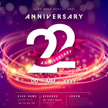 22 years anniversary logo template on purple Abstract futuristic space background. modern technology design celebrating numbers with Hi-tech network digital technology concept design elements.