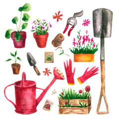 Set of garden tools in watercolor