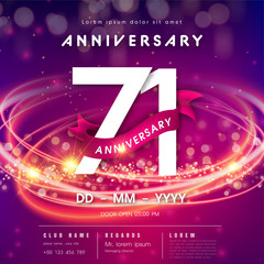 71 years anniversary logo template on purple Abstract futuristic space background. modern technology design celebrating numbers with Hi-tech network digital technology concept design elements.
