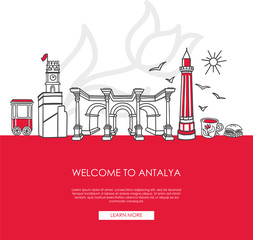 Fototapeta premium Vector illustration Welcome to Antalya, Turkey. Famous Turkish landmarks in modern flat style. Landing web page template with and place for the text. Travel, tourism concept and city promotion.